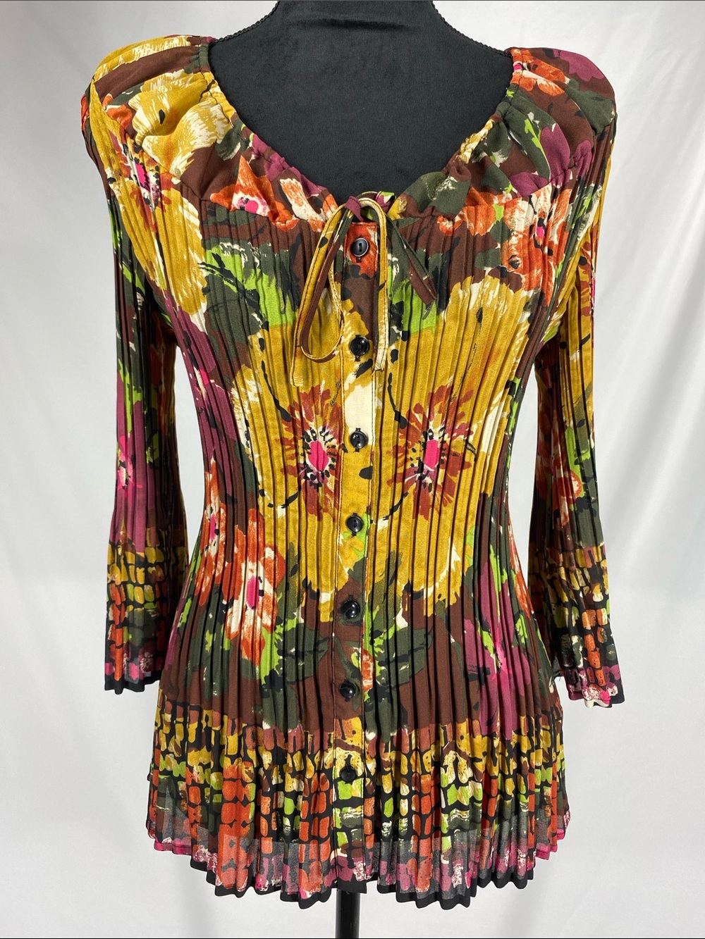 Signature by Larry Levine Plissé Pleated Floral Boho Blouse Top Large